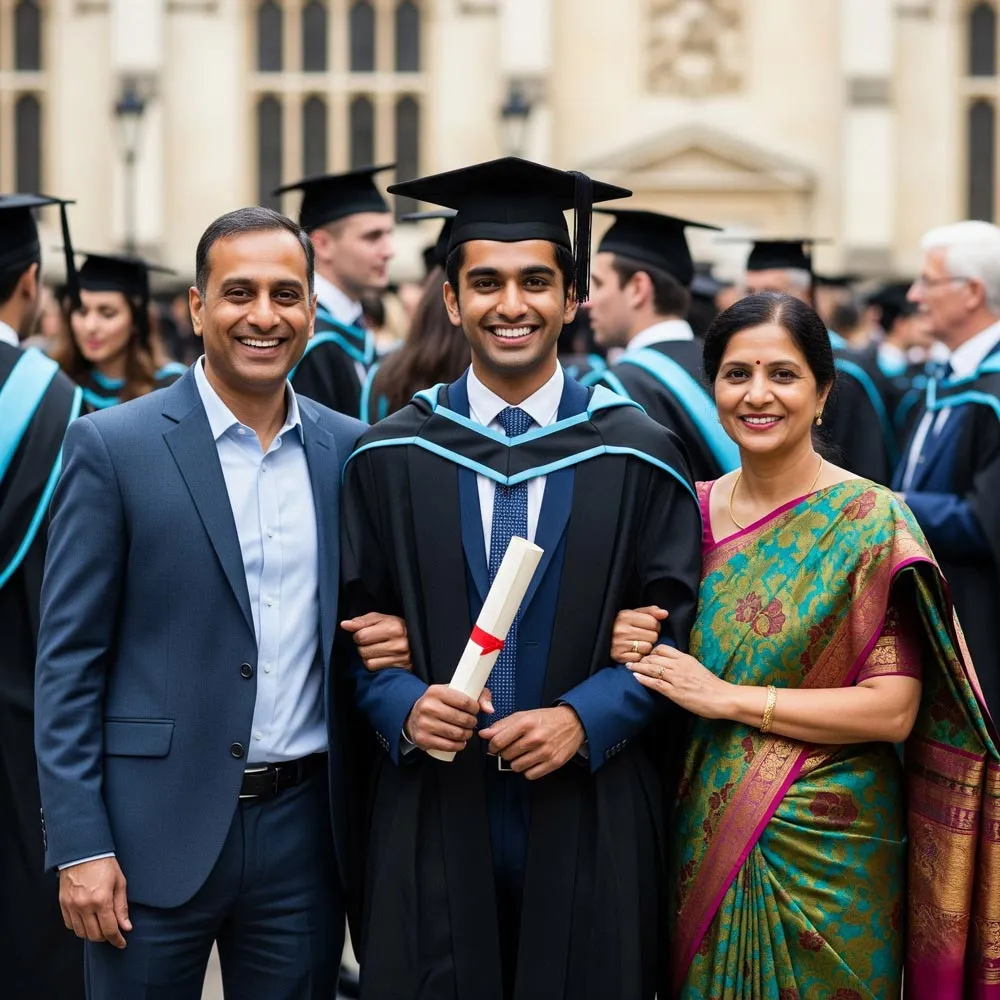 Student with graduation degree and parents, reflecting trust in Sidhuraa's study abroad services.